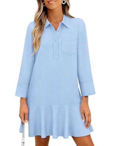 MEROKEETY Women's 2025 Fall 3/4 Sleeve Shirt Dress Casual Button Down Shift Pleated Midi Dresses with Pockets, StripedBlue, Medium - Image 1
