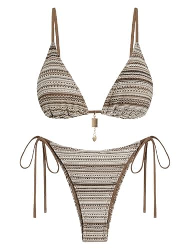 ZAFUL Brown Two Piece Bathing Suit Crochet Women's Beads Bikini Sets Cheeky Striped Brazilian High Cut Knit Swimsuit for Vacation Resort Wear - Image 1