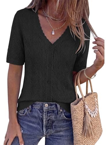 PRETTYGARDEN Summer Crochet Cardigan Button Up V Neck Short Sleeve Sweater for Women Lightweight Black Shrug Dressy Tops (Black, Small) - Image 1