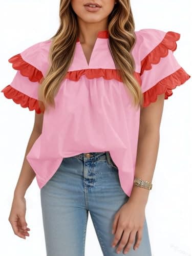 Tankaneo Womens Babydoll Ruffle Sleeve Tops Summer V Neck Pleated Contrast Trim Tshirts Casual Loose Fit Blouse Light Pink - Image 1