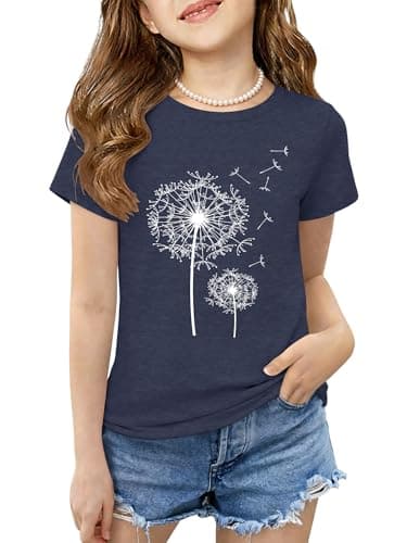 GEMLON Girls Shirt for Kid Crewneck Short Sleeve Graphic T-Shirt Breathable Summer Tops Girls Size 6 Clothes for Casual Dark Blue - Image 1