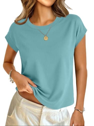 GKBK Cotton Cap Sleeve Womens Tops Crop High Neck Short Sleeve Summer Cute Casual Shirts Boxy Spring Clothing Outfits Teal - Image 1