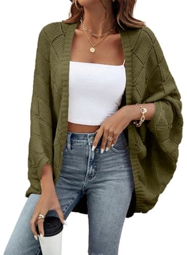 Sidefeel Women's Cardigan Sweaters for Women Spring Summer Boho Shrug Long Sleeve Open Front Shrugs Knit Jacket Green Large - Image 1