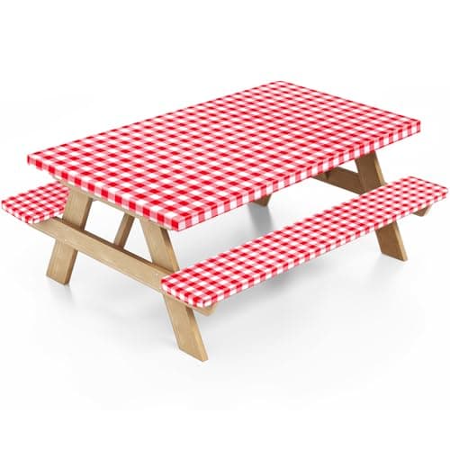 Nimalpal Picnic Table Cover with Bench Covers and Bag, Camping Essentials Camping Table Cover with Elastic Edges, 72x30 Inches 3 Pcs Set (Red) - Image 1