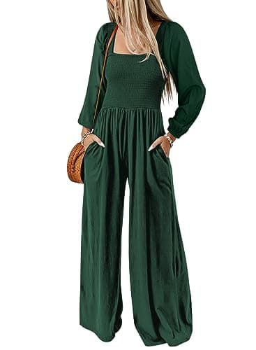 Dokotoo Womens Casual Loose Overalls One Piece Long Sleeve Jumpsuits for Women Stretchy Wide Leg Long Pant Rompers Jumpsuit with Pockets Small Green - Image 1