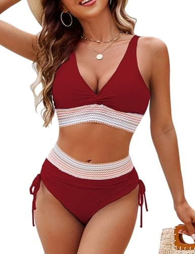 Edelqual Women High Rise Bikini Sets Tummy Control Swimsuits Two Piece Bathing Tankini Swim Suits Summer Full Coverage Beach Modest 2026 Matching Ruched Swimwear (Wine Red,S) - Image 1