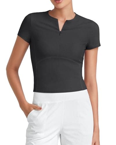 G4Free Workout Shirts Women Slim Fit Short Sleeve Half Zip Tops Gym Athletic Soft Ribbed Comfort Sports Running Activewear (Black,L) - Image 1