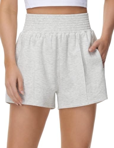 THE GYM PEOPLE Women's High Waist Sweat Shorts Summer Athletic Lounge Short with Zipper Pockets Heather White - Image 1