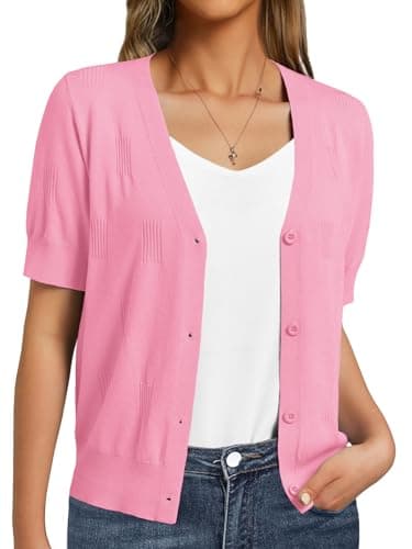 GKBK Womens Cardigan Short Sleeve Cropped Lightweight Knit Sweater Soft Spring Business Casual Office Outfits Trendy Fashion 2026 Pink X-Large - Image 1