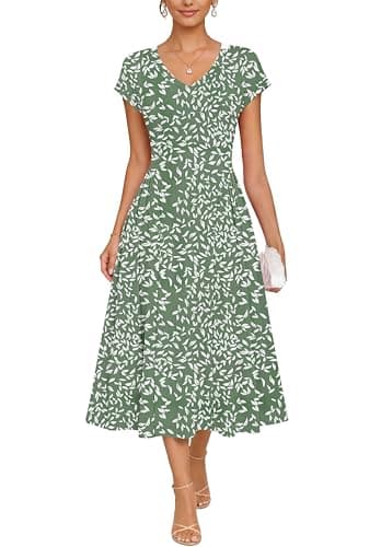 WNEEDU Women Summer Midi Dress Waffle Knit V Neck Cap Sleeve A-Line Casual Travel Outfits with Pockets(Flyleaf Olive,XL) - Image 1