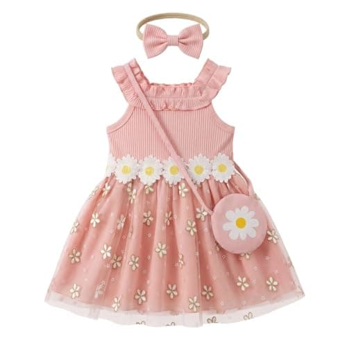 Toddler Girl Daisy Dress Set 3Pcs Ribbed Knit Tulle Sundress with Bag & Headband Cute Summer Floral Outfit for First Birthday Party Pink 6-9Months - Image 1