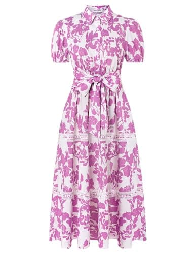 GRACE KARIN Women's 2026 Summer Floral Flowy Dresses Boho Tie Belt Short Puff Sleeve A Line Maxi Shirt Dress with Pocket White Purple Large - Image 1