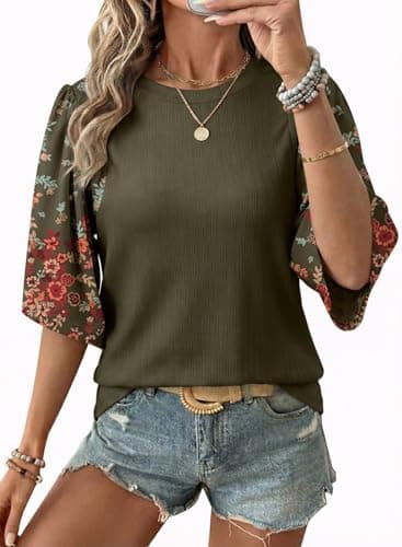 EVALESS 3/4 Length Sleeve Womens Tops Dressy Casual Blouses Cute Bell Sleeve Tops Floral Print Crewneck Patchwork Shirts 2026 Trendy Spring Summer Outfits Beach Vacation Clothes Green XX-Large - Image 1