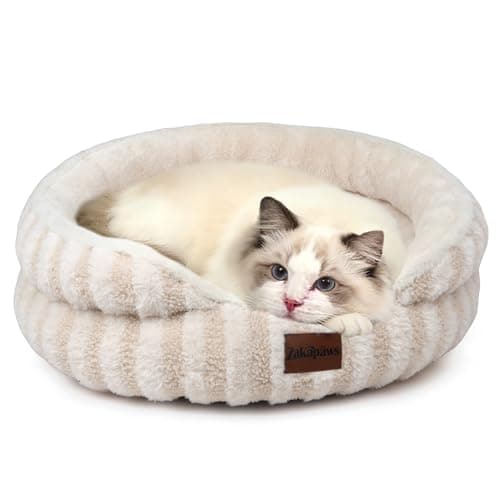 ZAKAPAWS Cat Bed Kitten Bed - Washable Round Cat Beds for Indoor Cats, Soft Corduroy Fleece Pet Bed for Puppy and Kitten with Removable Double Sided Inner Cousion, 20", Beige