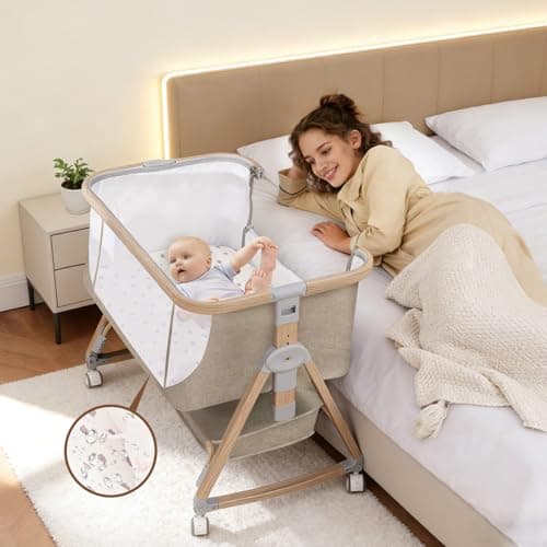 Jestonten Baby Bassinet, Bassinet Bedside Sleeper with Waterproof Bassinet Sheets and Soft Mattress, Safe Adjustable Height Bedside Bassinets with Wheels, Girl/Boy Bassinets, Khaki - Image 1