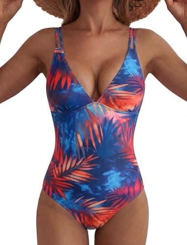 ZAFUL Swim Suits for Women 2026 Sexy One Piece Bathing Suit Cheeky Slimming Push Up Tummy Control Swimsuits Deep V Neck High Cut Beach Swimwear Double Straps Cross Back Tie Romper Swimsuits Print M - Image 1