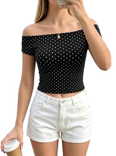 Polka Dot Top Off The Shoulder Tops for Women 2026 Summer Short Sleeve Crop Y2K Going Out Tee Shirt Cute Floral Tank Blouse Black - Image 1