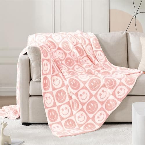 WRENSONGE Checkered Throw Blanket Blossom Smiling Face Soft Cozy Fluffy Warm Hand Made Throw Blankets for Couch, Sofa, Chair, Bed, Camping, Picnic, Travel Lightweight Bed Blanket - 50"*60" - Image 1