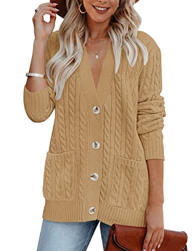 MEROKEETY Women's 2025 Fall Cable Knit Cardigan Sweater Chunky Button Up Open Front Long Sleeve Outwear Coat,Khaki,L - Image 1