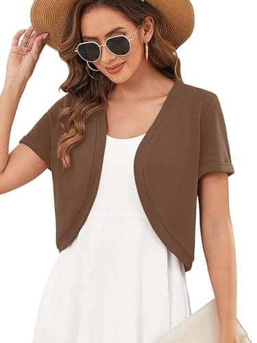 Heymoments Women's Short Sleeve Shrugs Dark Coffee Large Lightweight V-Neck Open Front Cropped Cardigan Knitted Bolero Sweaters Elegant Dresses Cover Up - Image 1