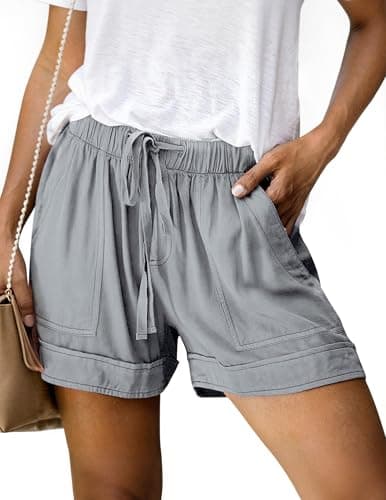 NILOINE Womens Drawstring Shorts Elastic Waist Shorts Casual Summer Beach Cotton Short Pants with Pockets(Grey,Small) - Image 1