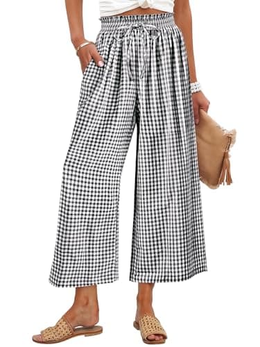 ANRABESS Womens Striped Gingham Palazzo Capri Pants Pajama Wide Leg Lounge Trousers Plaid Cute Crop PJ Bottoms with Pockets Black White Plaid X-Large - Image 1