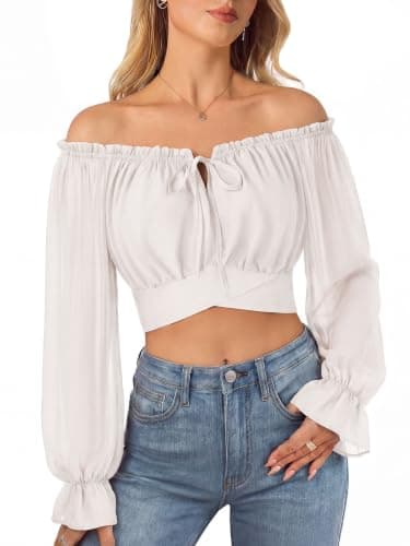 Women Off the Shoulder Crop Tops Long Sleeve Shirt Blouse White XXL - Image 1