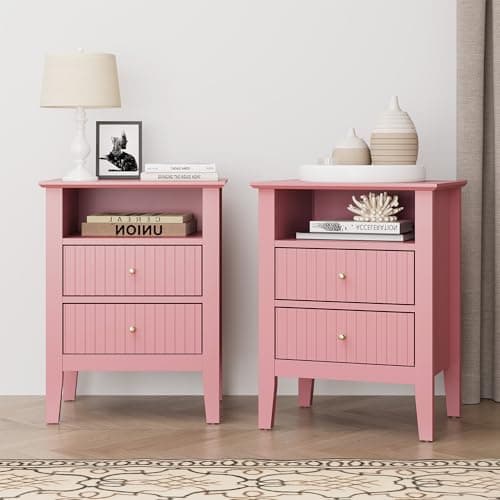 RoyalCraft Pink Fluted Nightstand Set of 2, Colorful Nightstand with 2 Drawers, Modern Wooden End Table with Storage for Small Spaces, Side Table for Bedroom, Couch, Home Office - Image 1