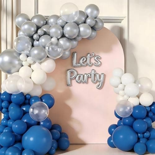 Royal Blue White Silver Balloon Garland Arch Kit, 160pcs Royal Blue White Silver Clear Balloons for Wedding Graduation New Year Retirement Men’s Birthday Party Father’s Day Decorations - Image 1