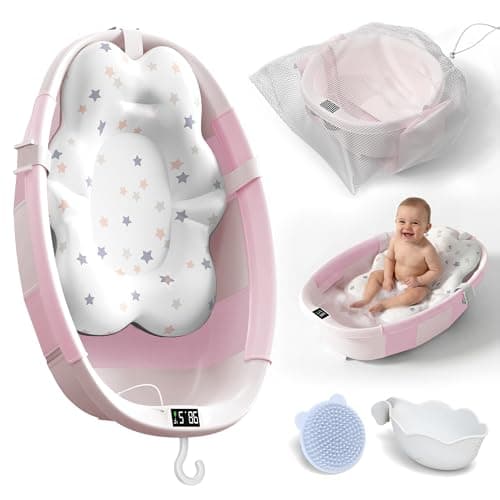 Collapsible Baby Bathtub - Large Baby Bath Tub with Thermometer | Bath Essential Bañera para Bebe Easy Fold Baby Tub | Travel Infant Newborn Toddler Bathtub for Baby Girl Boy 0 to 36 Months (Pink)