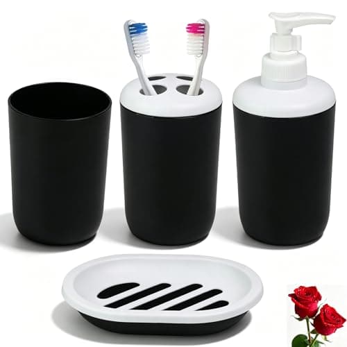 Matte Black Bathroom Accessories Set, 4 Piece Plastic Bathroom Toothbrush Holder Set, Soap Dispenser with Press-Lock, Toothbrush Holder, Soap Dish and Rinse Cup, Boho Bathroom Decor for Home - Image 1