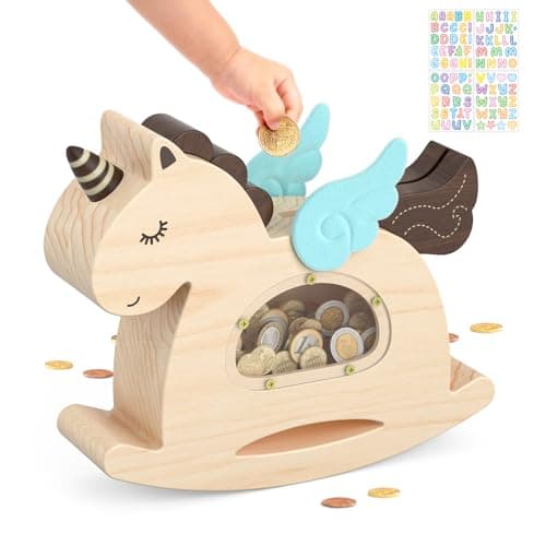Summidate Unicorn Piggy Bank for Kids Girls,Wooden Rocking Horse Money Banks for Toddlers,Unbreakable Wood Coin Saving Box, Personalized Present Toys for Child Birthday & Decor (Naturl, Standard)