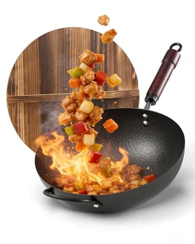 Wok Pan, Carbon Steel Wok, Woks & Stir-Fry Pans Nonstick, 13 Inch Wok Pan with Wooden Lid, Pre-Seasoned Carbon Steel Cookware, 5.8QT Flat Bottom Chinese Wok Paella Pan, Compatible with All Cooktops - Image 1