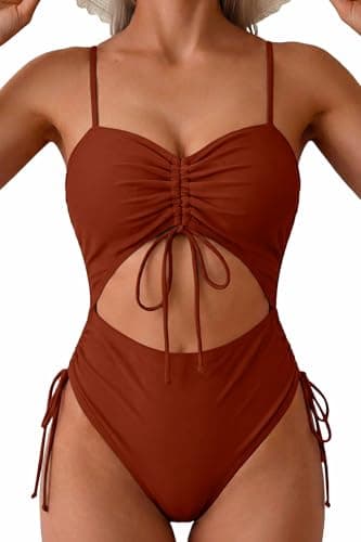 Viottiset Women's Cut Out Drawstring One Piece Swimsuit Cheeky High Cut Bathing Suit Coffee X-large , Burnt Orange - Image 1