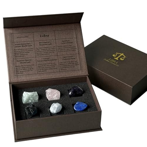 Juliful Unic Libra Zodiac Energy Set-6 Harmonizing Crystals for Balance Love & Intuition Gift for Women & Zodiac Lovers Green Aventurine Rose Quartz +4 More in Luxury Box - Image 1