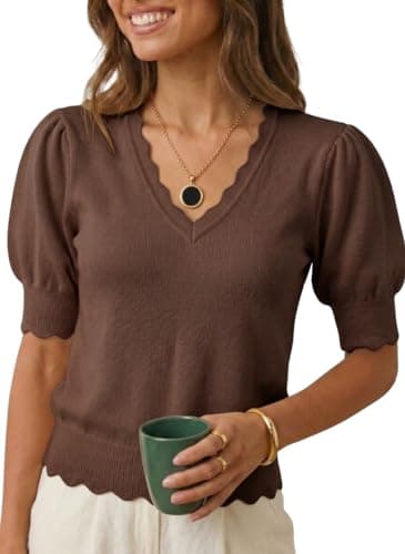 MONORA Women’s Short Sleeve Sweater Puff Sleeve Scalloped V Neck Knit Top Lightweight Pullover for Work Business Casual - Image 1