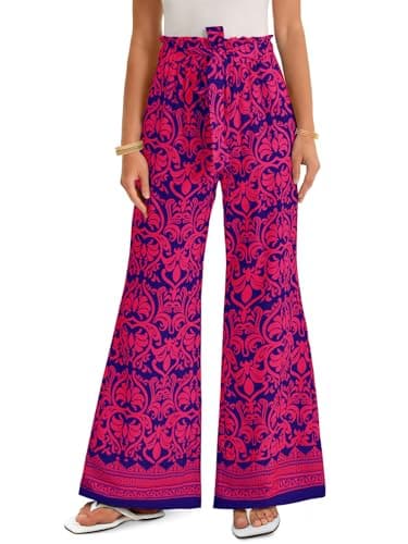 Yousify Women Wide Leg Boho Pants High Waisted Printed Palazzo Pant Casual Flowy Tie Knot Vacation Trousers with Pockets Dark Blue - Image 1
