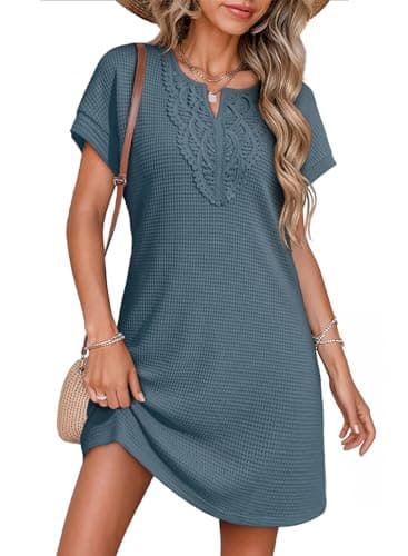 Dokotoo Crochet Dress for Women Waffle Knit Embroidered V Neck Short Sleeve Cover Ups for Swimwear Women Beach Vacation Outfits Summer Womens Bathing Suit Coverups Dusty Blue Dress Small - Image 1
