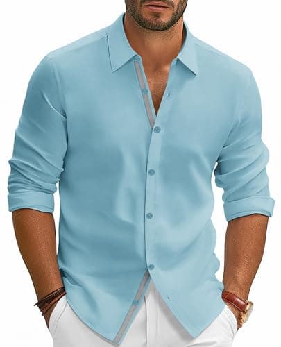 PJ PAUL JONES Men's Long Sleeve Dress Shirt Casual Button Down Untuckit Shirts Regular Fit for Wedding Blue 2XL - Image 1