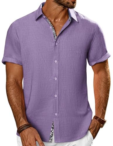 PJ PAUL JONES Men's Button Down Short Sleeve Shirt Casual Summer Beach Textured Wedding Shirts Light Purple - Image 1
