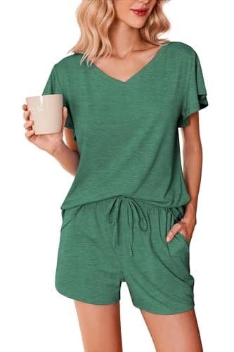 Ekouaer Ladies Pajama Sets Flowers Printed Soft Loungewear Cute Ruffle Sleeve Comfy Sleepwear,Large,Bright Green - Image 1