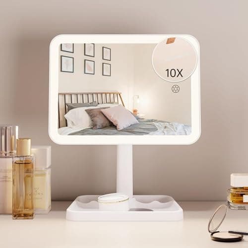FUNTOUCH Rechargeable Lighted Mirrors for Makeup, 2000mAh, 10X Magnification/3 Color Lighting Portable Tabletop Cosmetic Make Up Mirror, 360° Rotation Led Light up Mirrors with Storage,White - Image 1