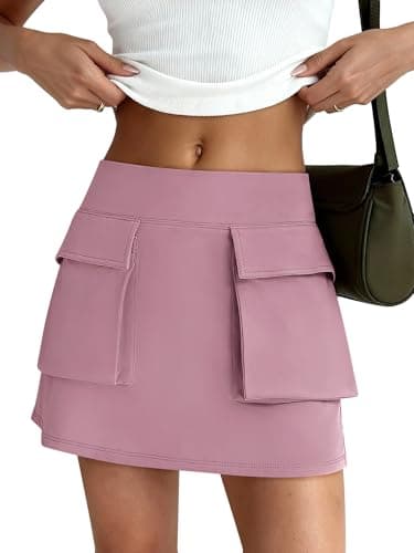 Womens Cargo Skirt Elastic High Waisted Bodycon Mini Tennis Skirts Athletic Casual Skorts with Pockets Pink S - Image 1