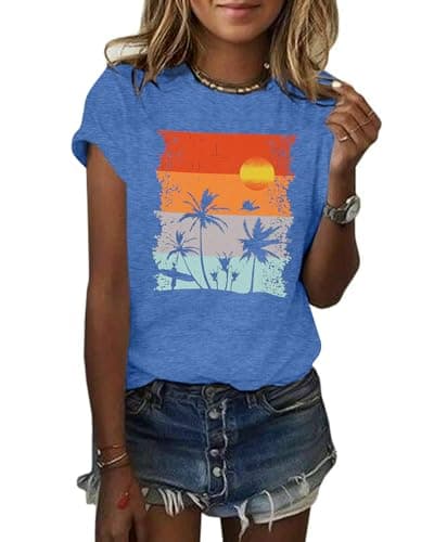 GEMLON Graphic Tees for Women Sunrise Sunset Sunshine T Shirt for Women Hawaii Beach Sea Nature Short Sleeve Top(Blue t Shirt L) - Image 1