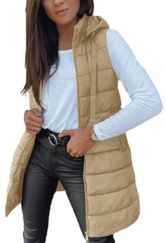 Veatzaer Women Long Vest Solid Color Sleeveless Hood Winter Puffer Vest Outwear - Image 1