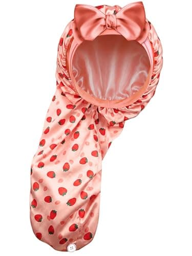 Vettres Extra Large Satin Bonnet for Braids & Locs, No Slip Tie Band Stays On All Night, Silky Sleep Cap Won’t Flatten Hair Strawberries - Image 1