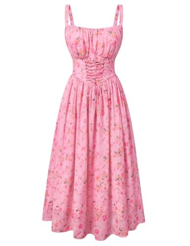 Scarlet Darkness Floral Dress for Women 2026 Corset Milkmaid Dresses Casual Summer Sundress with Pockets Pink M - Image 1