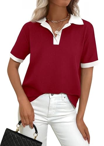 PRETTYGARDEN Summer Short Sleeve Polo Shirts for Women Collared V Neck Work Dressy Tops Knit Loose Business Casual Outfits(Red,XX-Large) - Image 1