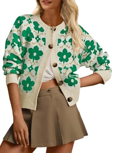 Saodimallsu Womens Flower Pattern Cardigan Green Floral Sweaters Soft Long Sleeve Vintage Christmas Knit Outwear 2025 - Image 1