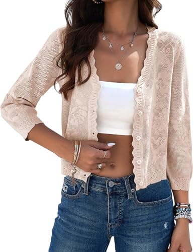 Kate Kasin Women's Shrug for Dress Elegant 3/4 Sleeve Button Down Knit Hollow Out Textured Cardigan Sweater Outwear Beige Medium - Image 1